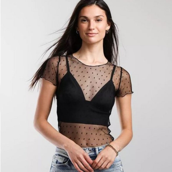 NWOT - SO CUTE - Mock Neck Mesh/Sheer Polka Dot Top XL - Picture 1 of 3